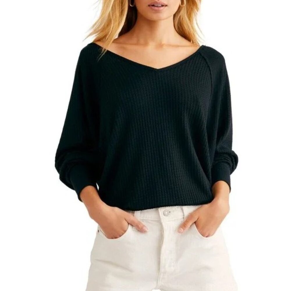 Free People Santa Clara Thermal V Neck Top Waffle Knit Oversized Black Small